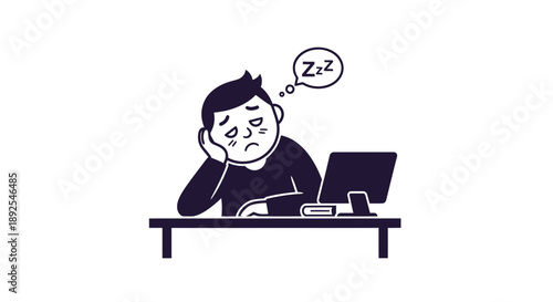 Tired Man Sleeping at Computer Desk.