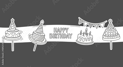 Happy Birthday Doodle Collection: Hand-Drawn Party Icons, Banners, and Cakes Line Art Set