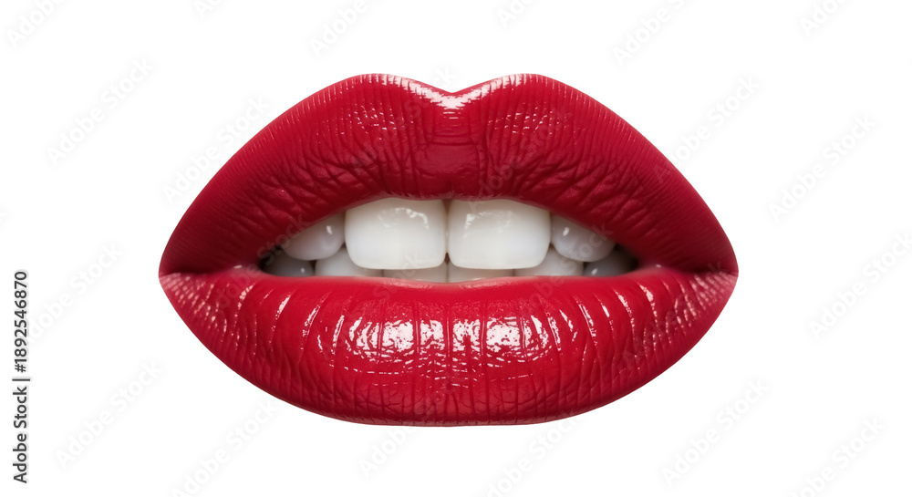Obraz premium Luscious red lips with glossy lipstick and perfect teeth isolated PNG, makeup beauty concept for fashion and cosmetic advertising on transparent background