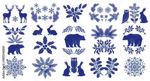 A set of blue winter icons and snowflakes on transparent background
