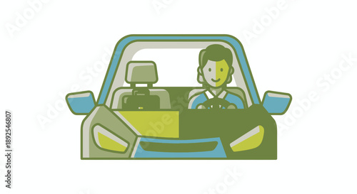 Woman Driving Car Illustration Front View.