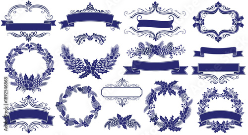 A set of elegant blue and white vintage labels and banners on transparent background