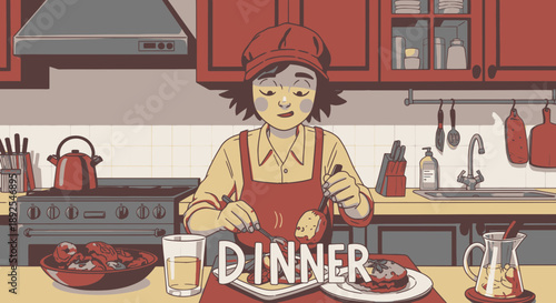 Woman Wearing Red Apron Cooking Dinner.