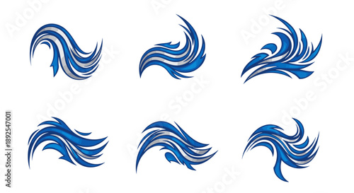 A set of six blue wave icons in a modern flat design style on transparent background