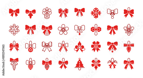 A set of red and white Christmas bows and ribbons on transparent background
