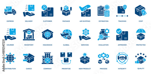 Delivery And Logistic Icon Set. Containing Express, Delivery, Package, Courier, Customer, Distribution Icons. Dual Tone Style