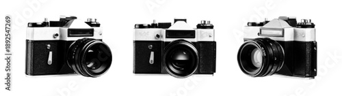 Vintage camera collection in halftone dot style. Retro photographic equipment icons for pop art collage and zine aesthetic. Vector black and white newsprint graphic elements.