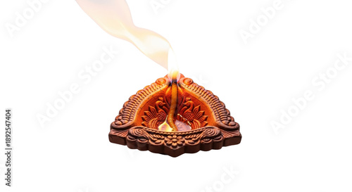 Traditional Clay Diya Lamp with Burning Flame isolated PNG with Transparent Background