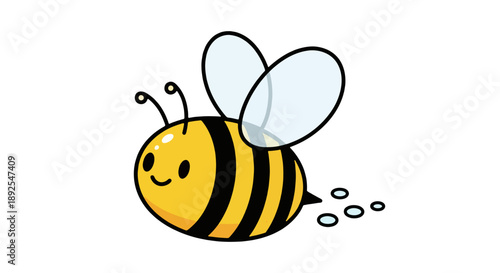 A smiling cartoon bee flies through the air with wings spread and a trail of circles behind, vector illustration