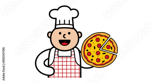 A smiling cartoon chef holding a pizza with a missing slice in a playful illustration from a front viewpoint 20.eps reference