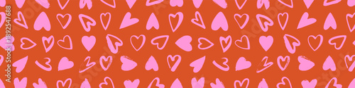 Doodle crayon heart seamless pattern. Valentines day sketch red bg with pink brush doodle hearts. Vector hand-drawn love vintage quirky romance print. Cute February holiday wallpaper or wrapping paper