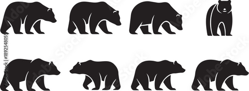 Black Bear Silhouettes Vector Set on White Background