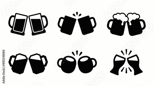 Black Silhouette Beer Mugs Toasting Icon Set isolated on White Background