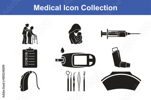 Medical Icon Collection with Injection, Glucose Meter, Inhaler, Elderly Care and Clinical Tools