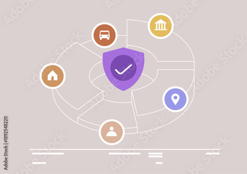 Visualize the key elements of insurance through vibrant 3D scheme with icons that symbolize homes, vehicles, and individuals, illustrating the safety these services provide in daily situations.