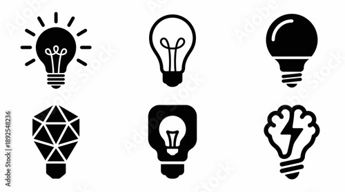 Black Vector Light Bulb Icon Set with Geometric and Brain Designs isolated on White Background