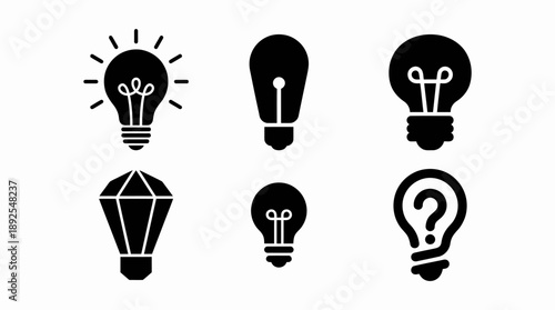 Black Silhouette Light Bulb and Idea Icons Vector Set isolated on White Background