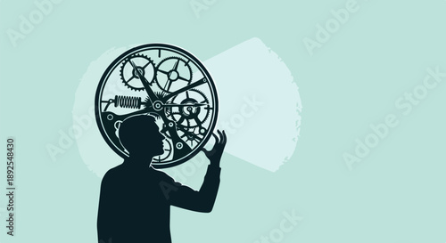 Silhouette of a man's head with clockwork gears and a watch face symbolizing time management and thinking