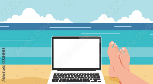 Relaxed feet on a sandy beach with a laptop, symbolizing remote work, digital nomad lifestyle, and summer vacation freedom by the ocean.
