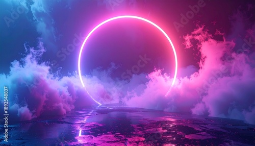 Vibrant neon ring glowing in a surreal landscape with pink and blue dreamy clouds