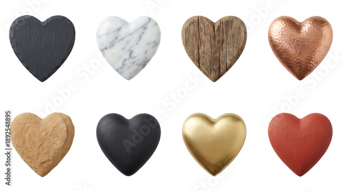 Heart shape collection including slate, marble, wood, copper, stone, and gold materials isolated. Love and texture design elements.