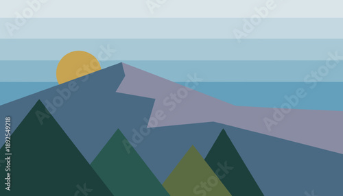 Geometric mountain landscape with a rising sun and stylized trees.