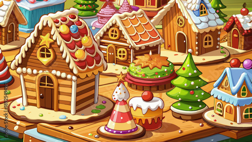 Very beautiful close-up of assorted gingerbread houses and festive figures arranged on a wooden table, highlighting detailed icing textures, warm tones, and magical holiday dessert craftsmanship.