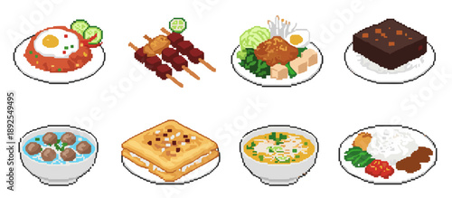 A collection of eight pixel art illustrations of various Indonesian dishes, including rice, satay, and soup.