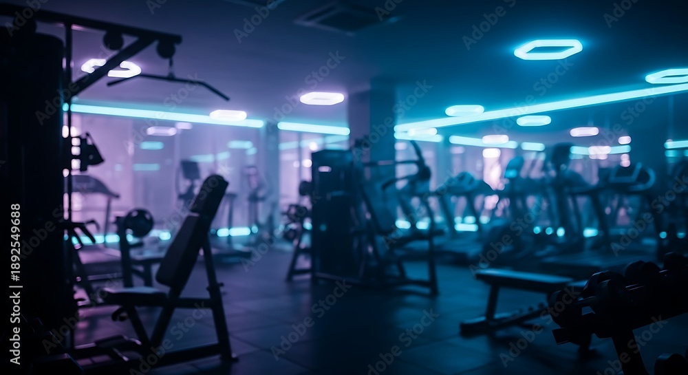 Fototapeta premium Dimly Lit Gym Interior with Blue Lighting and Exercise Equipment