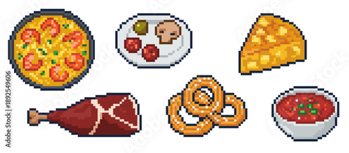 A collection of pixel art illustrations depicting various food items including pizza, a cheese wedge, a ham hock, pretzels, soup, and a small plate of appetizers.