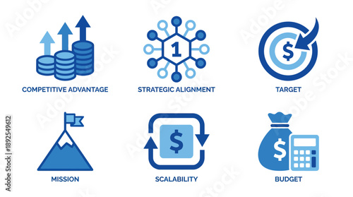 Business Strategy Icons in Blue Monochrome with Modern Minimalist Design for Financial Planning and Management