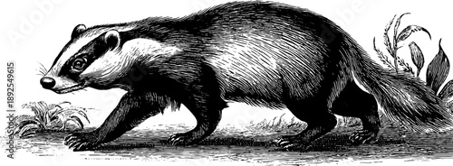 Vintage engraving of a forest animal in walking pose - botanical 19th century style