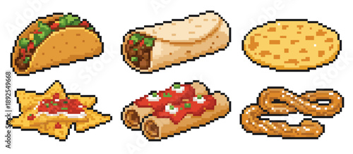A pixel art illustration featuring a collection of six popular Mexican food items arranged in two rows.