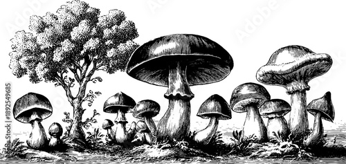 Vintage botanical mushroom group from 19th century engraving for nature illustration design