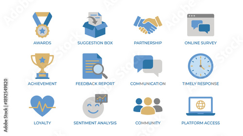 Set of flat business icons in modern minimalist style with blue color scheme on white background for web design