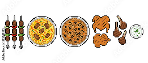 A collection of pixel art food items including kebabs, rice dishes, roasted chicken, lamb chops, and a side of sauce.