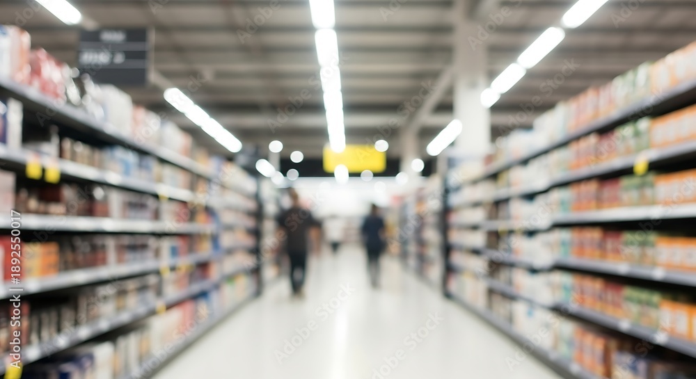 Fototapeta premium Blurry Grocery Store Aisle with Shelves and Shoppers