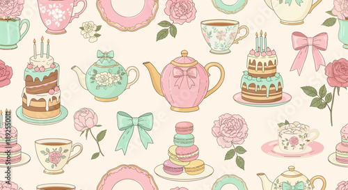 Seamless pastel pattern with vintage tea party elements including teapots, teacups, cakes, macarons, roses, and bows.