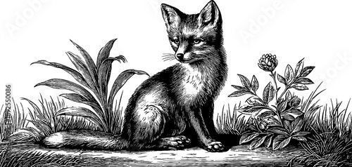 Vintage botanical engraving of a juvenile fox cub surrounded by 19th century foliage