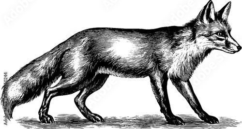 Vintage botanical engraving of a fox in forest scene - 19th century style