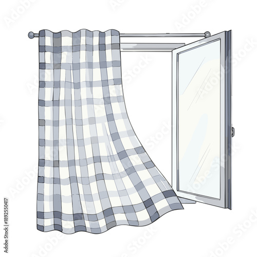 Open window with checkered curtain fluttering in the breeze  
