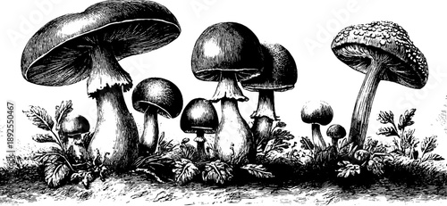 Fungi life cycle in vintage botanical engraving for educational display