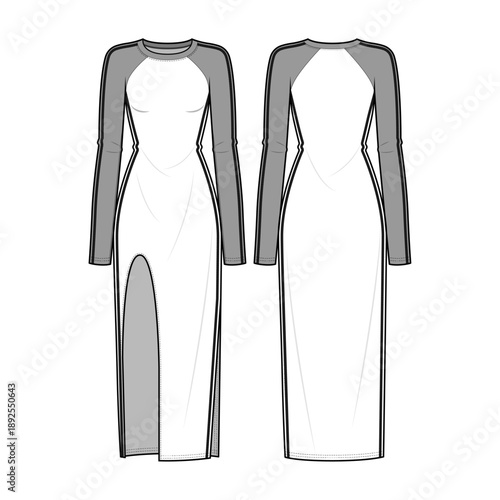Women's Sporty Raglan Sleeve Maxi Dress with Side Slit Fashion Flat Sketch-Front and Back View- Fashion Flat- Vector Illustration- CAD Mock-up