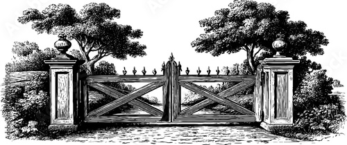 Vintage 19th century wooden garden gate with botanical surroundings engraving for retro design