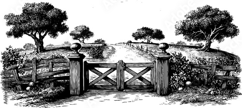 Vintage botanical garden with wooden gate and pathway - hand-drawn engraving for retro design