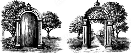 Vintage botanical garden gate engraving from 19th century design for prints and posters