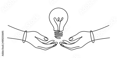 Continuous line art of hands presenting a lightbulb, symbolizing the sharing of an idea Vector, illustration