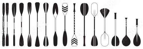 Paddle icon vector set, oar illustration sign collection, rowing symbol or logo, flat vector icons for water sports, kayaking, boating, isolated on white background