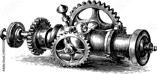 Vintage mechanical gear transmission diagram - hand drawn engraving for industrial design
