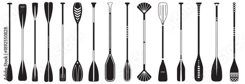 Paddle icon vector set, oar illustration sign collection, rowing symbol or logo, flat vector icons for water sports, kayaking, boating, isolated on white background